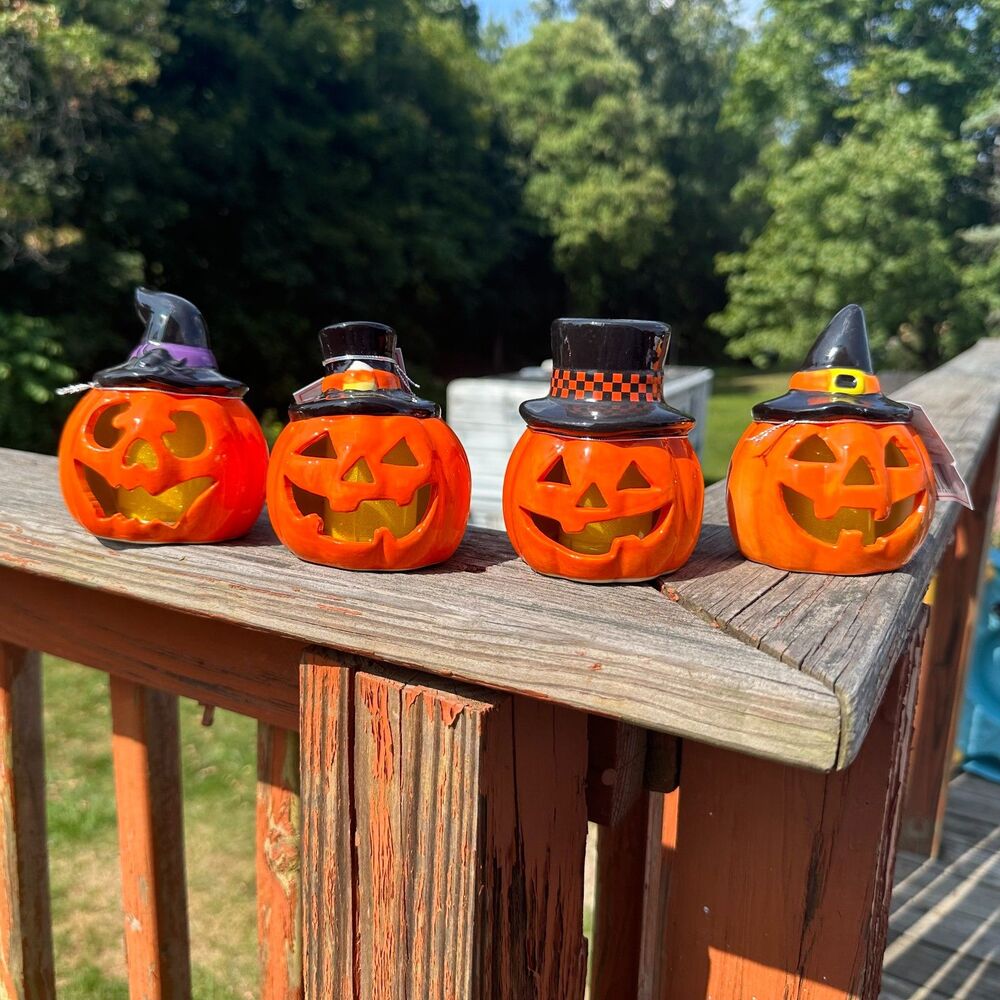 NEW Mr Halloween Set of 4 LED Light Up Ceramic Jack-o-Lantern Decorations